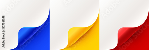 Curled up page corner, new design announce message. Rolled paper corners set.