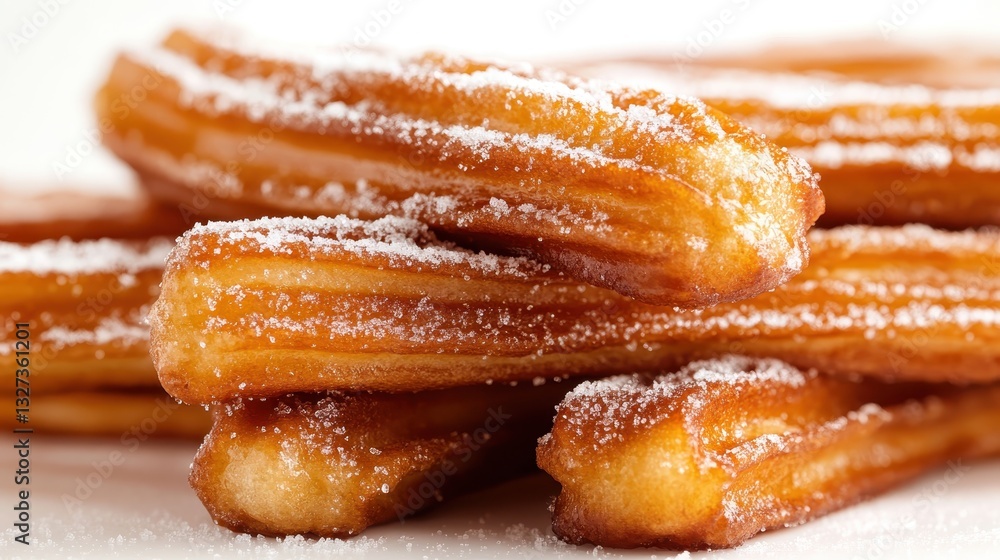 A delightful display of golden churros dusted with sugar, presenting their crispy texture and inviting appearance, perfect for dessert lovers looking for indulgence. A delightful display of golden churros dusted with sugar, presenting their crispy texture and inviting appearance, perfect for dessert lovers looking for indulgence.