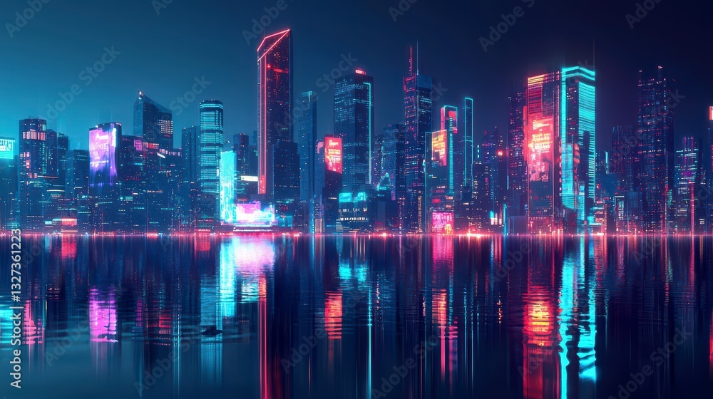 Fototapeta premium Neon Cityscape Reflection: A futuristic cityscape bathed in vibrant neon hues, with sleek skyscrapers reflecting in the tranquil waters below, creating a mesmerizing display of urban beauty.