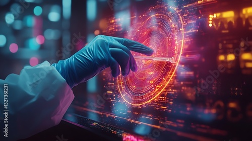 Scientist Interacting with Digital Hologram in Lab, A scientist in a lab coat and gloves interacts with a digital interface displaying a red circular hologram