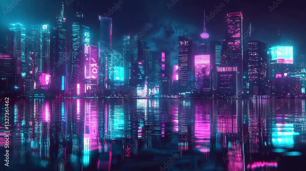 Obraz premium Neon City Reflections: A futuristic cityscape at night, illuminated by vibrant neon lights and reflecting beautifully on the water below.