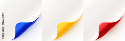 Curled up page corner, new design announce message. Rolled paper corners set.