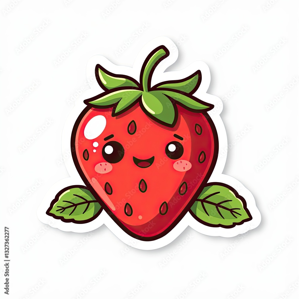 Cute Cartoon Strawberry Character with Smiling Face and Green Leaves Cute Cartoon Strawberry Character with Smiling Face and Green Leaves