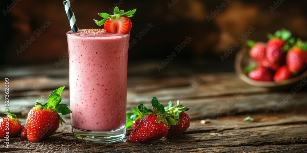 Refreshing strawberry smoothie served in a glass with fresh strawberries on wooden table Refreshing strawberry smoothie served in a glass with fresh strawberries on wooden table