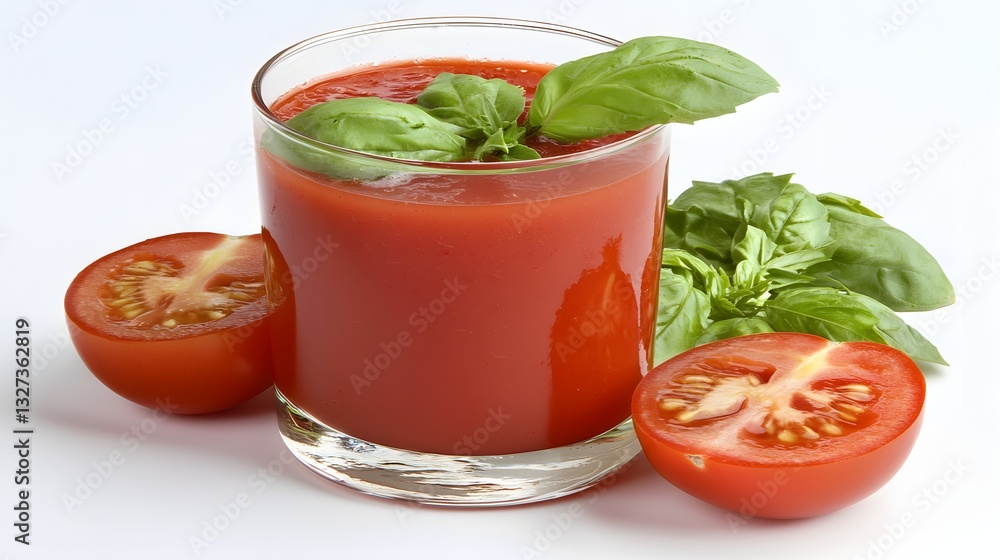 Refreshing Tomato Juice with Fresh Basil Garnish and Whole Tomatoes on White Background Refreshing Tomato Juice with Fresh Basil Garnish and Whole Tomatoes on White Background