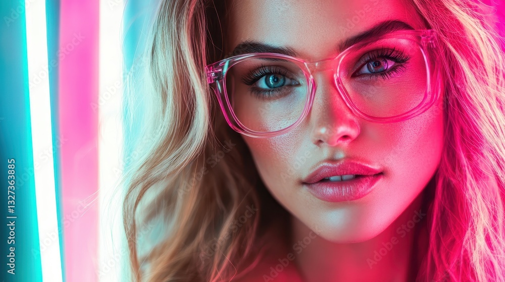 A stunning close-up of a stylish woman wearing oversized glasses against a backdrop of vibrant neon lights, highlighting her striking features and captivating gaze. A stunning close-up of a stylish woman wearing oversized glasses against a backdrop of vibrant neon lights, highlighting her striking features and captivating gaze.