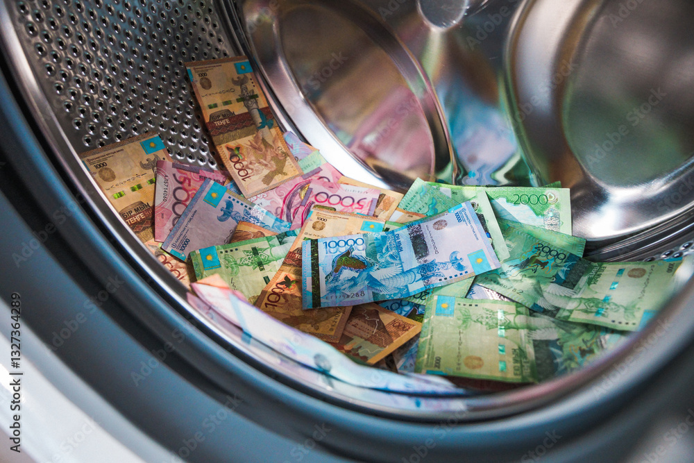 Obraz premium A pile of tenge bills lies in the drum of a washing machinet
