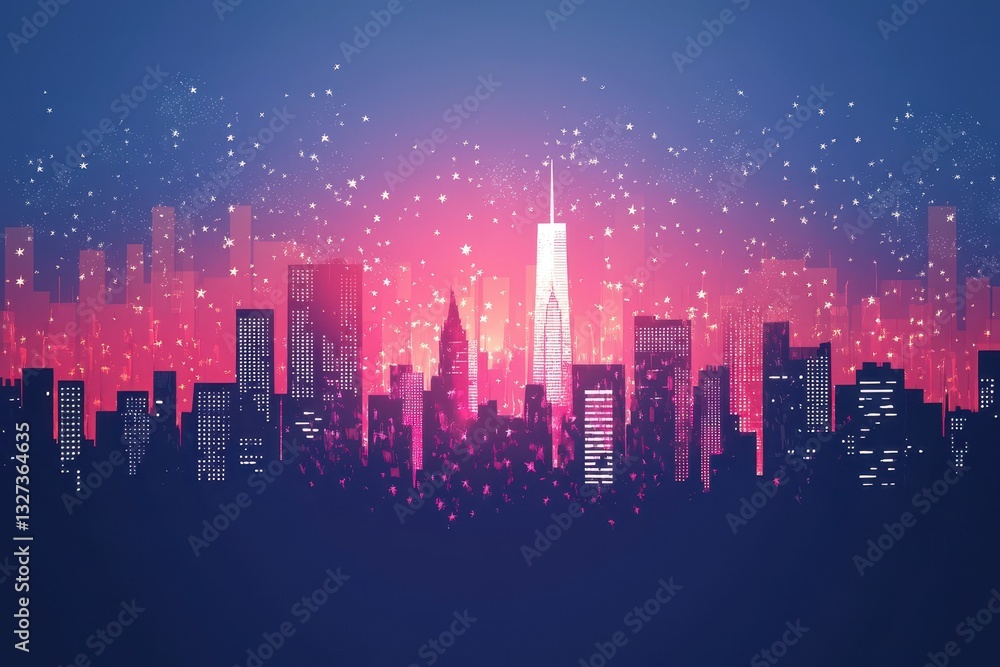 A colorful and stylized illustration of a city skyline A colorful and stylized illustration of a city skyline