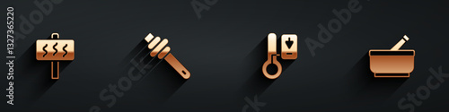 Set Sauna, Honey dipper stick, thermometer and Mortar and pestle icon with long shadow. Vector