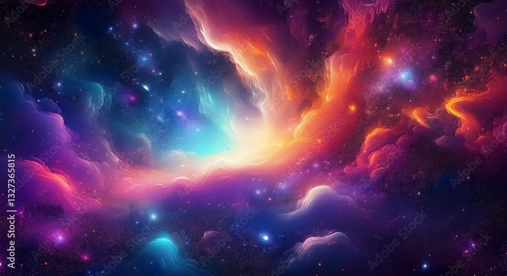 A breathtaking cosmic nebula with swirling clouds of gas and dust in vibrant hues of blue, orange, and purple, set against a backdrop of twinkling stars. A breathtaking cosmic nebula with swirling clouds of gas and dust in vibrant hues of blue, orange, and purple, set against a backdrop of twinkling stars.