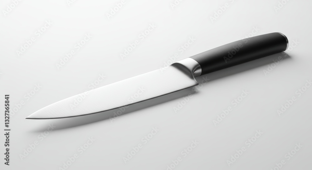 Sharp Kitchen Knife with Dark Handle Resting on White Surface Sharp Kitchen Knife with Dark Handle Resting on White Surface
