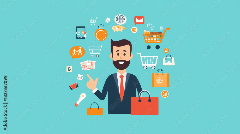 A businessman interacts with an e-commerce icon, symbolizing the integration of digital marketplaces, online transactions, and global technology in modern commerce A businessman interacts with an e-commerce icon, symbolizing the integration of digital marketplaces, online transactions, and global technology in modern commerce