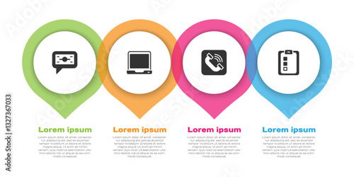 Set Stacks paper money cash, Laptop, Telephone handset and Online quiz, test, survey. Business infographic template. Vector