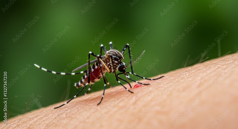 Fototapeta premium Aedes Aegypti Mosquito Bite on Human Skin Close Up - Aedes aegypti mosquito feeding, disease , insect bite, blood sucking, human skin