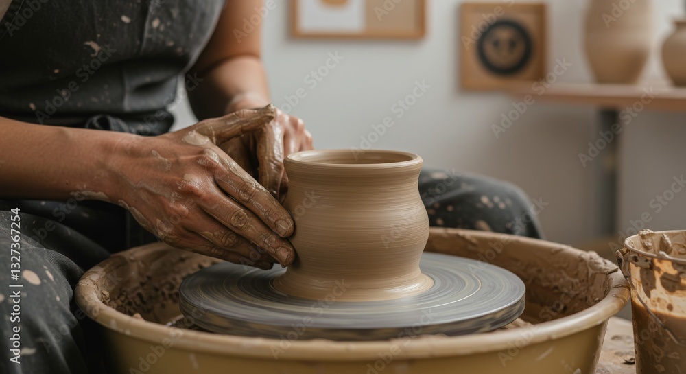 Artisan Hands Shaping Clay on Pottery Wheel - Creating delicate ceramic pot, artistic precision, studio environment, handcraft skill, pottery art Artisan Hands Shaping Clay on Pottery Wheel - Creating delicate ceramic pot, artistic precision, studio environment, handcraft skill, pottery art