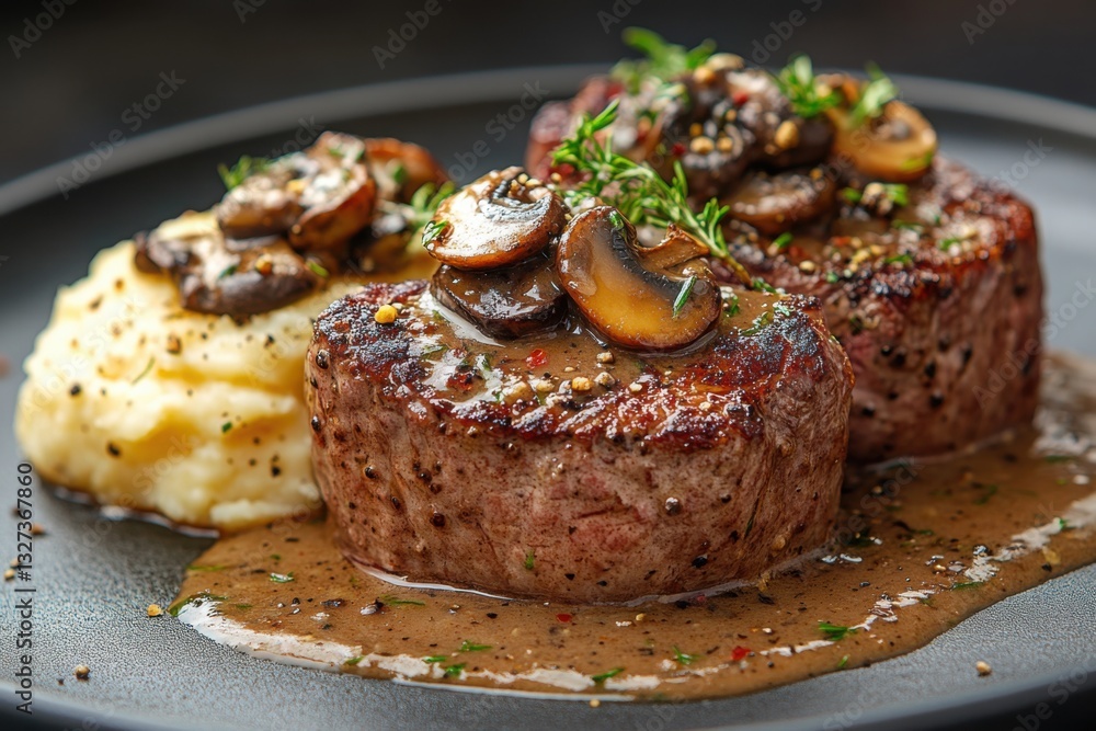 Filet mignon with mushroom sauce and mashed potatoes a delicious and savory dish Filet mignon with mushroom sauce and mashed potatoes a delicious and savory dish