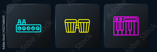 Set line Sound mixer controller, Music synthesizer and Drum. Black square button. Vector