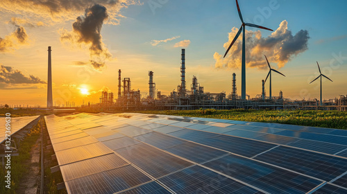 A combination of solar panels and wind turbines powers a green industrial sector, complementing an oil refinery and showcasing an ecosystem-friendly energy transition