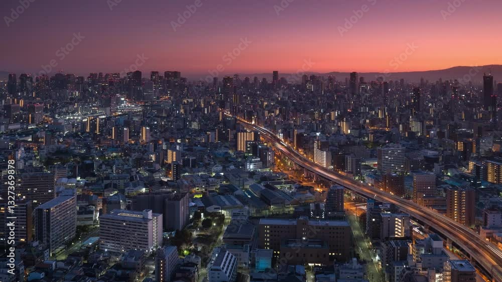 osaka city center aerial view timelapse night to day high rise buildings skyline,high point of view time lapse of urban modern cityscape at sunrise dawn osaka city center aerial view timelapse night to day high rise buildings skyline,high point of view time lapse of urban modern cityscape at sunrise dawn