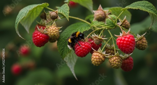 Bumblebee and Raspberry Bush - A bumblebee pollinates ripe red raspberries on a lush green bush. Symbolizing nature, sweetness, summer, abundance, and pollination