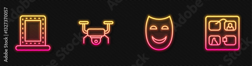 Set line Comedy theatrical mask, Makeup mirror with lights, Drone flying and Storyboard. Glowing neon icon. Vector