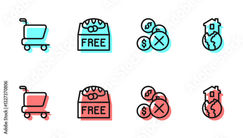 Set line No money, Shopping cart, Donation food and Shelter for homeless icon. Vector