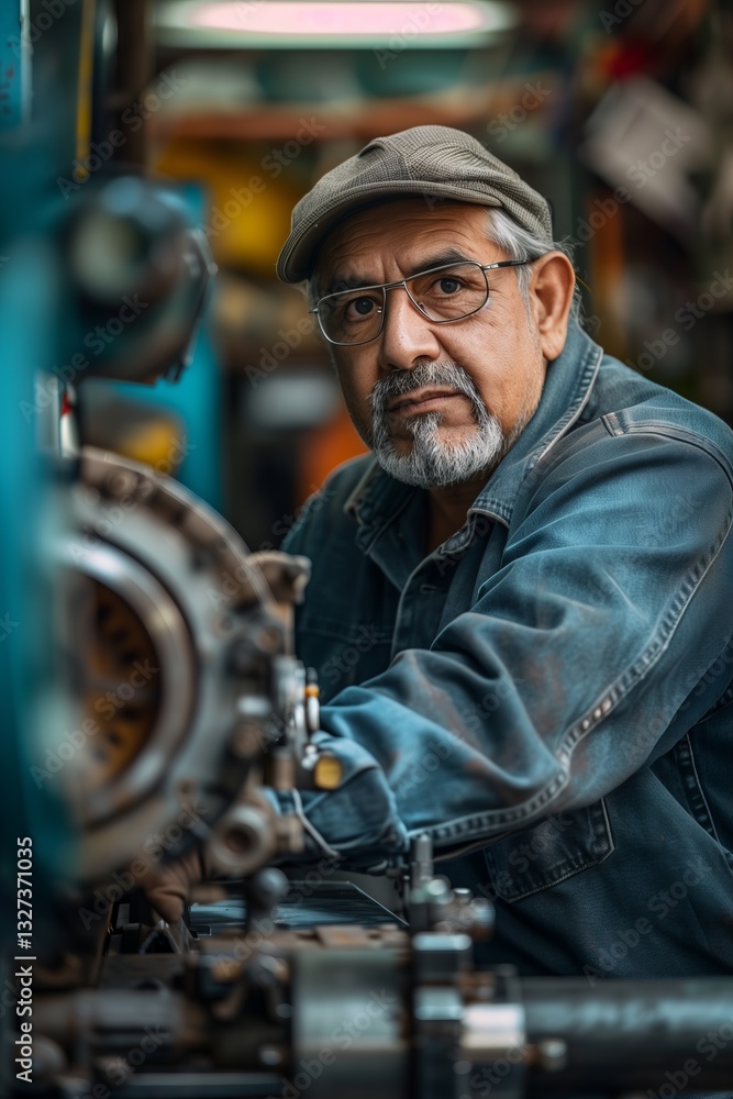 Focused elderly man working with machinery, showcasing skill and dedication in an industrial setting. Focused elderly man working with machinery, showcasing skill and dedication in an industrial setting.