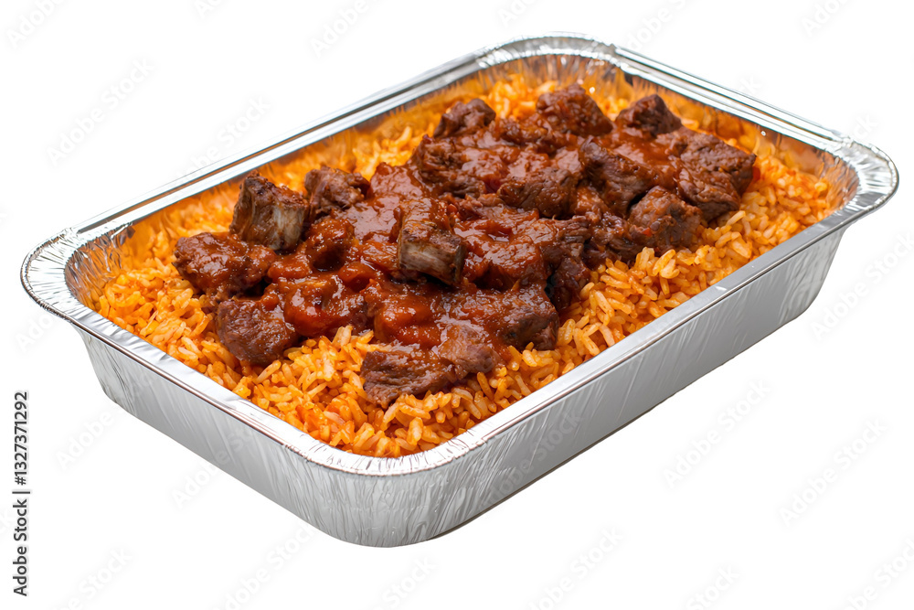 Stewed meat and rice in a foil container ready to take away, perfect dish Stewed meat and rice in a foil container ready to take away, perfect dish