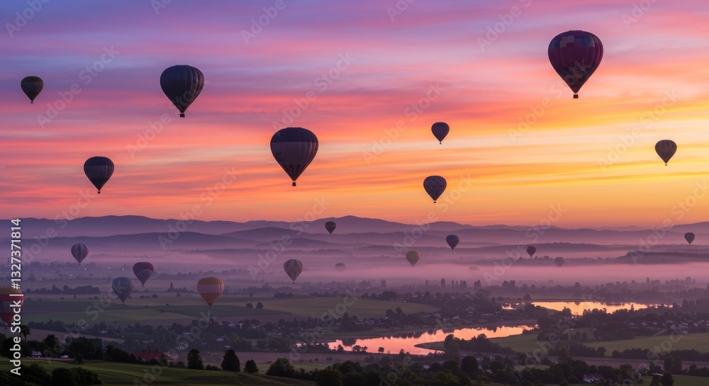Obraz premium Colorful Hot Air Balloons at Sunrise - Many hot air balloons fly over a misty landscape at sunrise, creating a serene and colorful scene