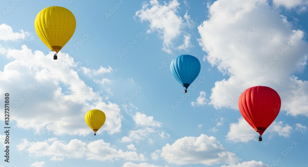 Fototapeta premium Colorful Hot Air Balloons Soaring High - Four vibrant hot air balloons, yellow, blue, red, and a smaller yellow, drift gracefully across a bright blue sky dotted with fluffy white clouds
