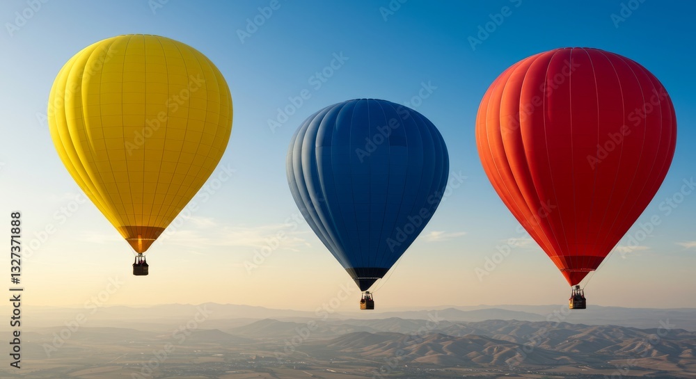 Obraz premium Colorful Hot Air Balloons Soaring High - Three vibrant hot air balloons—red, yellow, and blue—drift gracefully across a clear sky, symbolizing adventure, freedom, aspiration, travel, and unity