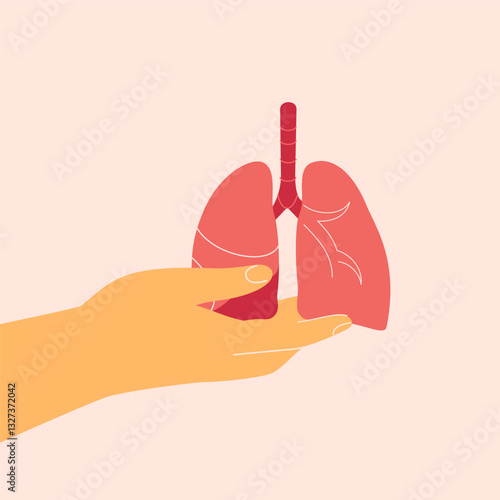 Donation and charity concept with human hand holds lungs organ. cancer awareness, transplantation and prevention respiratory diseases. Vector illustration