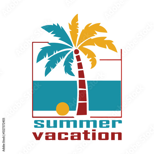 This image is a vibrant and modern graphic design representing a summer vacation theme. At the canter, a stylized palm tree stands tall with a curved trunk in deep red.