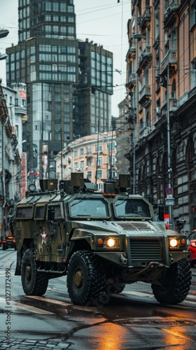 Military armored vehicle on a city street among historical buildings, emphasizes the theme of military presence in urban environment, suitable for news articles and documentaries.