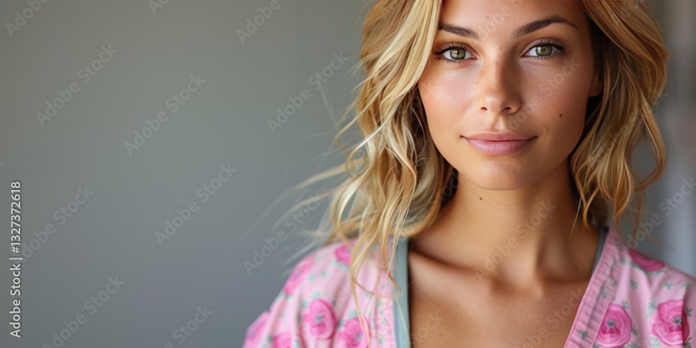 Smiling young woman with wavy blonde hair wearing pink floral robe, standing against a soft neutral background Smiling young woman with wavy blonde hair wearing pink floral robe, standing against a soft neutral background