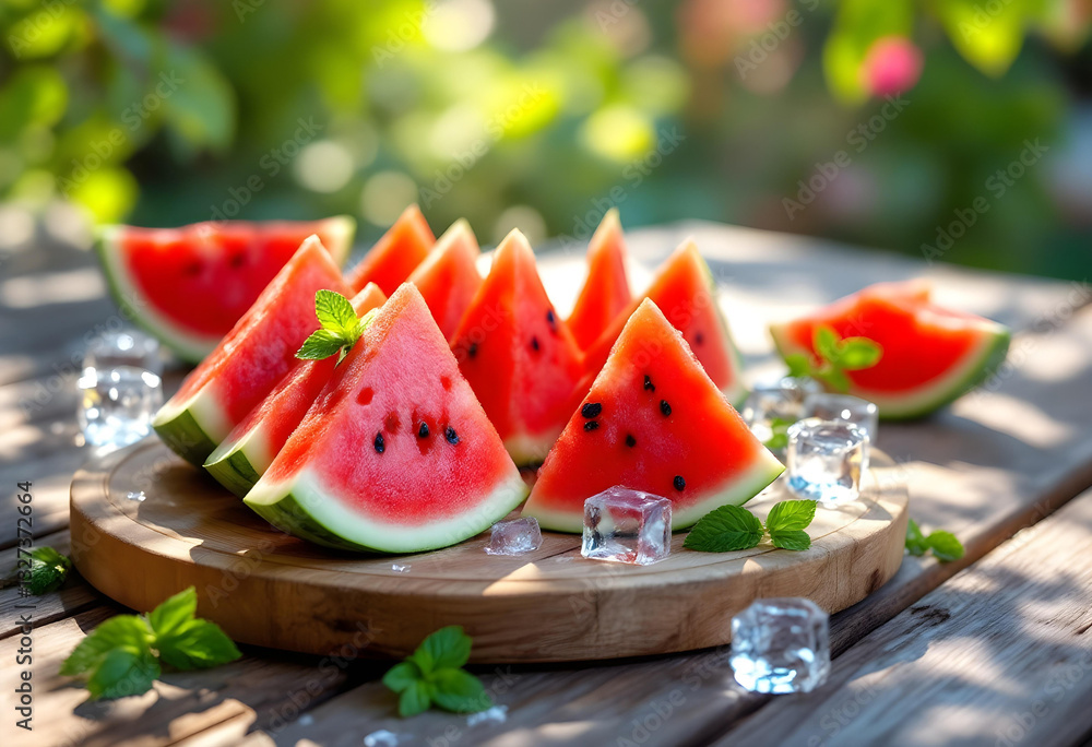 Fresh Watermelon Slices with Mint and Ice on Wooden Table in Sunlight. Fresh Watermelon Slices with Mint and Ice on Wooden Table in Sunlight.