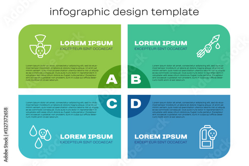 Set line Acid rain, Radioactive, Beaker with toxic liquid and Poison on the arrow. Business infographic template. Vector