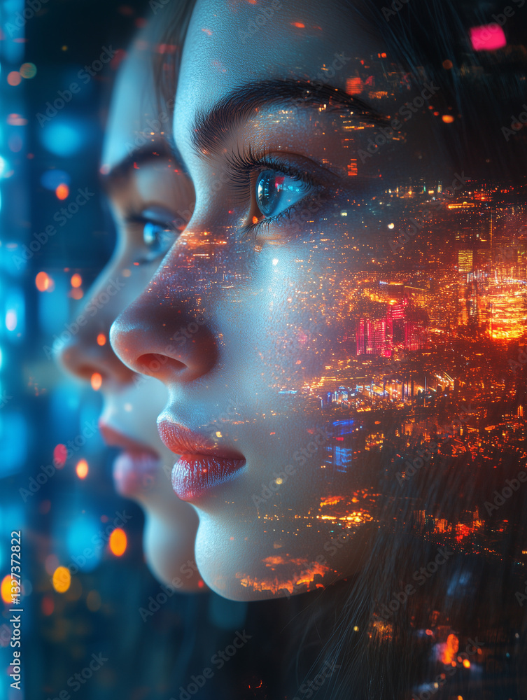 A futuristic portrait of a woman with a cityscape reflection on her face A futuristic portrait of a woman with a cityscape reflection on her face