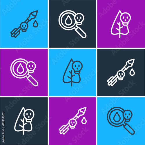 Set line Poison on the arrow, flower and magnifying glass icon. Vector