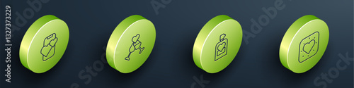 Set Isometric line Dating app online mobile, Glass of champagne, Perfume and Heart icon. Vector