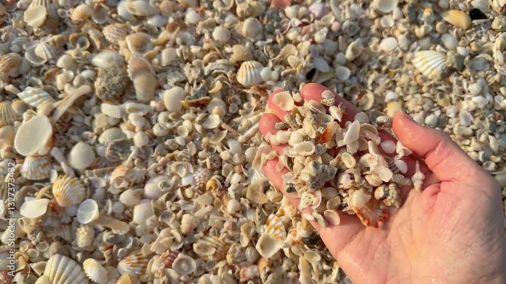 hand picks up seashells from a beach covered with colorful shells. The warm sunlight enhances the textures, creating a peaceful coastal scene. Perfect for themes of relaxation and nature hand picks up seashells from a beach covered with colorful shells. The warm sunlight enhances the textures, creating a peaceful coastal scene. Perfect for themes of relaxation and nature