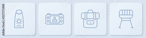 Set line Sunscreen cream in tube, Hiking backpack, Portable video game console and Barbecue grill. White square button. Vector