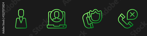 Set line Telephone handset with shield, Employee, 24 hours support and Declined missed call. Gradient color icons. Vector