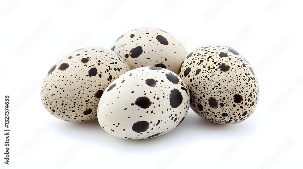Arrangement of Four Speckled Quail Eggs on White Background for Culinary and Natural Use Arrangement of Four Speckled Quail Eggs on White Background for Culinary and Natural Use