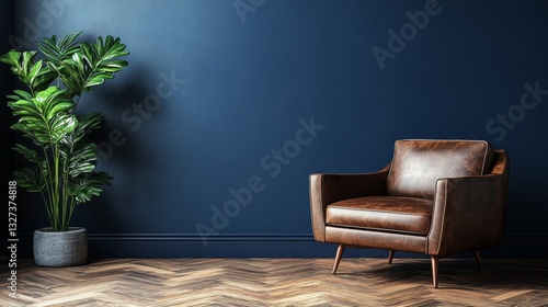 Fototapeta Naklejka Na Ścianę i Meble -  Luxury interior of living room with leather armchair on wood flooring and dark blue texture wall, Full HD, 32k Resolution 
