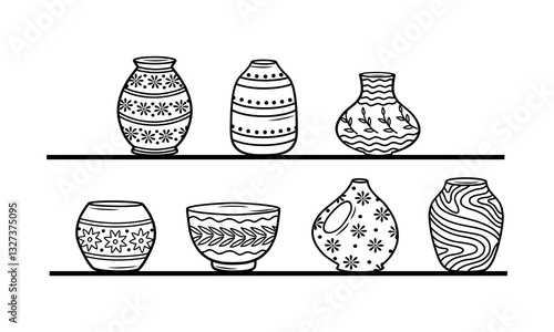 A collection of jugs and vases on the shelves according to your design. Line art style. Ceramic dishes, vases, clay bowls and pots are white. Clay vases on a shelf, contour black and white drawing