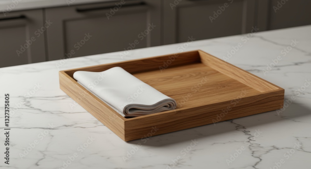 Fototapeta premium Wooden Tray with Napkin on Marble Countertop in Modern Kitchen