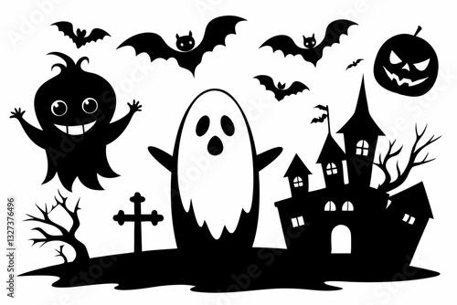 halloween ghosts set line art silhouette vector illustration
