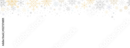 Christmas seamless Border made from silver and gold snowflakes different shapes. Design element for New Year, Winter holiday greeting card, invitation, banner. Vector illustration 