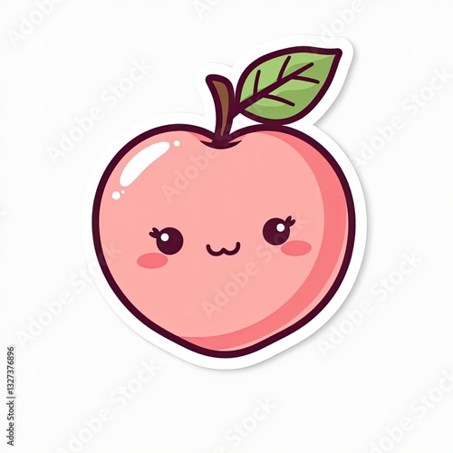 Cute Cartoon Peach with Happy Face and Green Leaves Design
